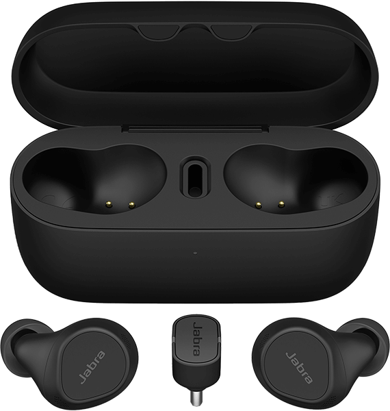 Jabra Evolve2 Buds case with one earbud charging and one being used